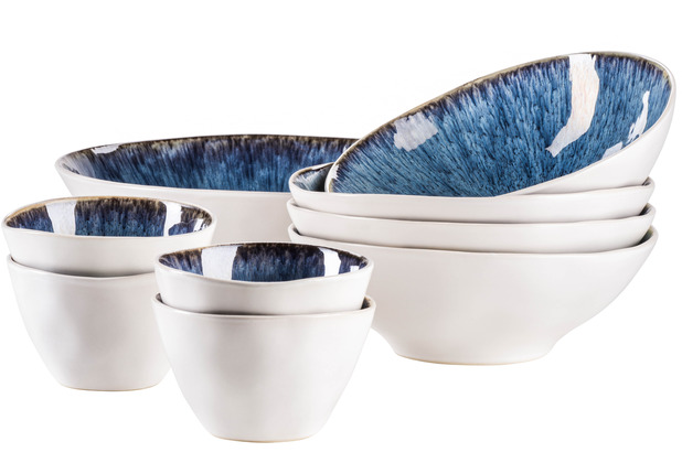 Mäser FROZEN Bowl und Salatschüssel händisch lasiert Vintage Look, im Keramik Blau, Set 9-tlg schöner aus